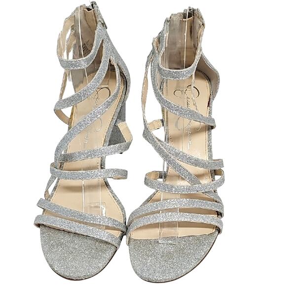 Jessica Simpson Stassey Sparkling Silver Strappy Block Heel Back Zip Sandals 8M - Picture 2 of 9